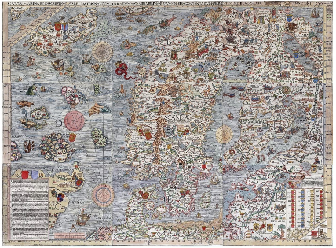 Olaus Magnus, Carta marina et Descriptio septemtrionalium terrarum ac mirabilium rerum in eis contentarum, diligentissime elaborata Annon Domini 1539 Veneciis liberalitate Reverendissimi Domini Ieronimi Quirini,1539, James Ford Bell Library,University of Minnesota.