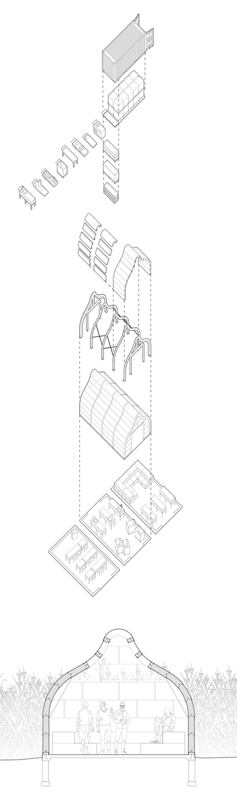 Axonometric drawing of shed assembly.